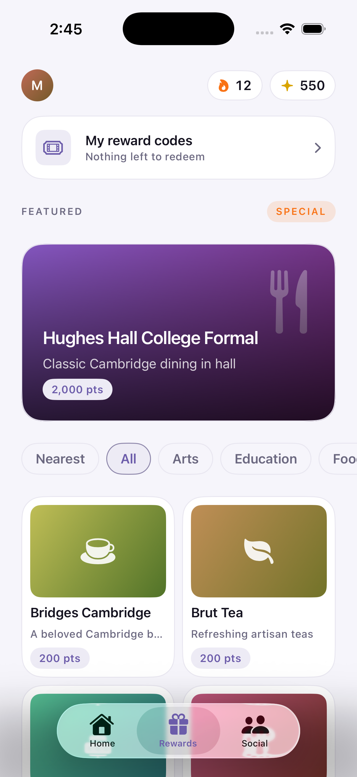 The Zenera rewards screen, listing offers from nearby businesses priced in points.