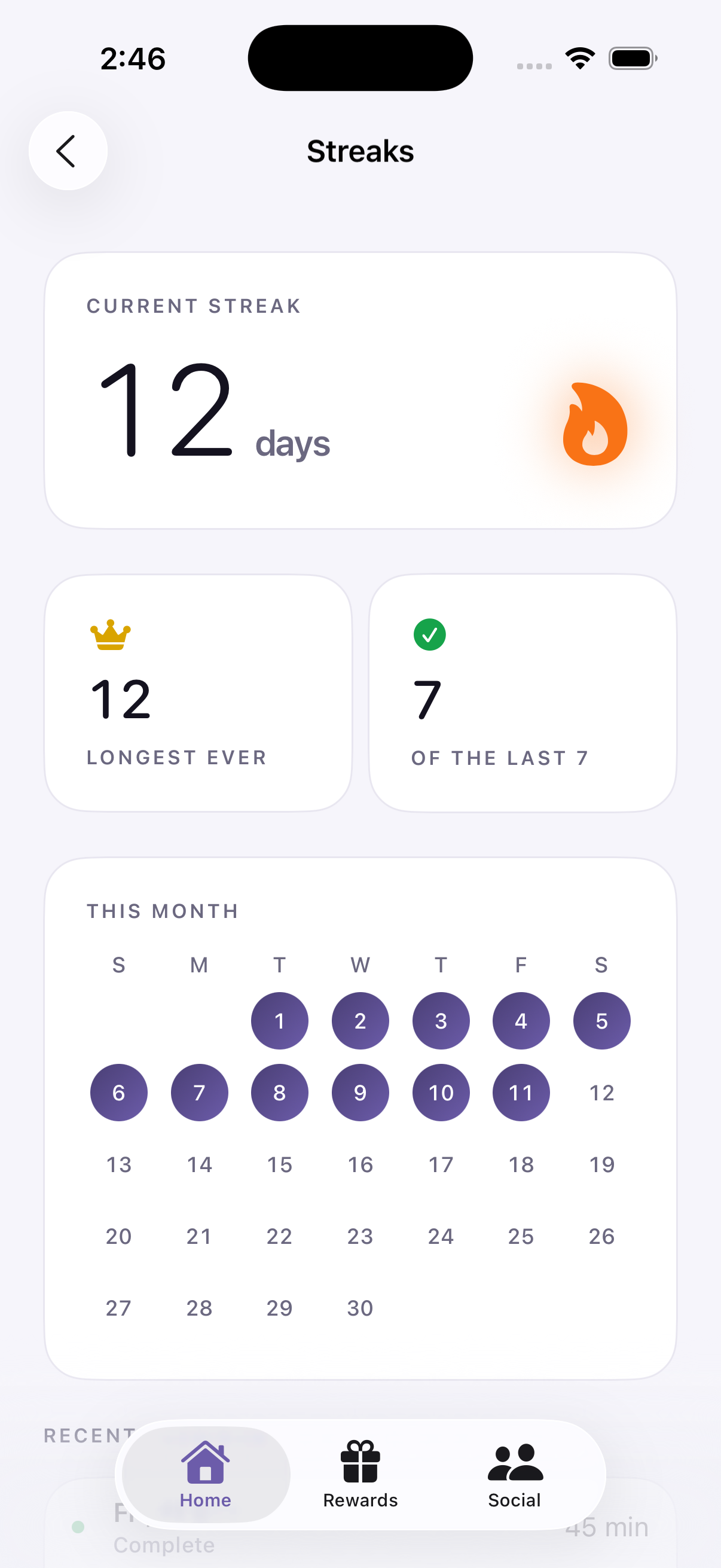 The Zenera streaks screen, showing a ten-day run, the longest streak so far and the days completed this month.